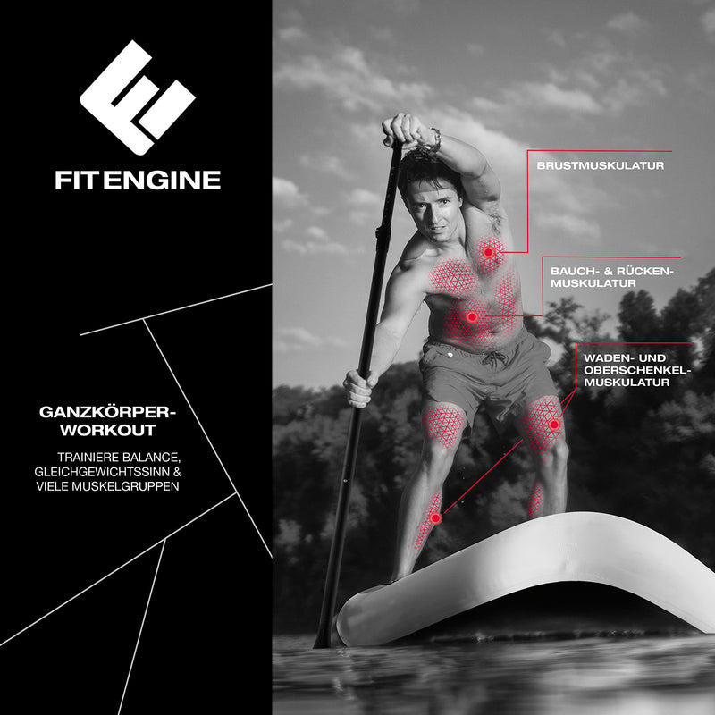 FitEngine SUP Allrounder/Racer/Junior 8' - 12'' Umfangreiches Stand-up-Paddle-Board Set mit Drybag Handyhülle und Co. Drop-Stitch Qualität SUP Marke