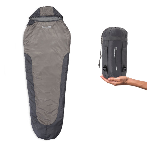 Where Tomorrow Camping Schlafsack Small & Light Mumienschlafsack mit Tasche in Hellgrau, wasserabweisend, kompakt, 220x80x50 cm.