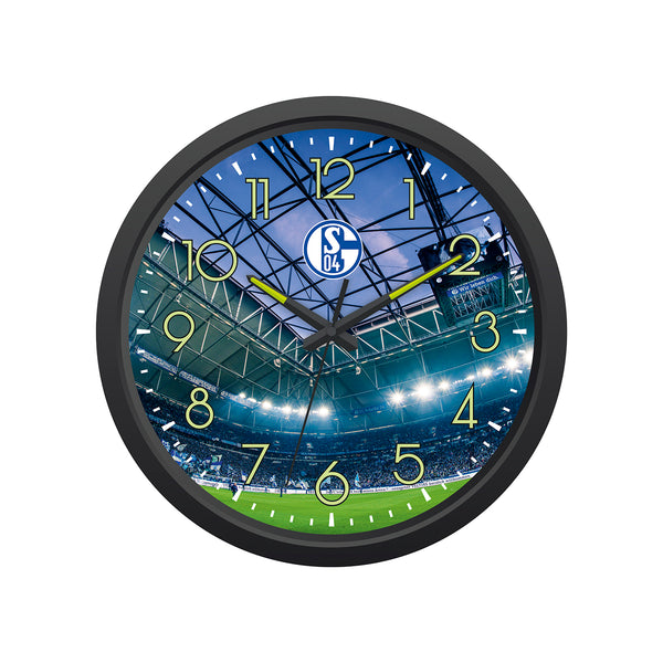 FC Schalke 04 Wanduhr "Glow in the dark" mit Stadion-Motiv, nachleuchtenden Zahlen und Zeigern, Ø 34 cm, batteriebetrieben.