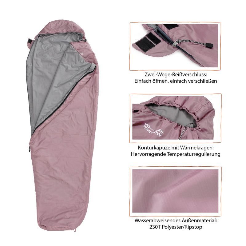 Where Tomorrow Camping Schlafsack Small & Light - Mumienschlafsack mit Tasche - 220 x 80 x 50 cm - Rose