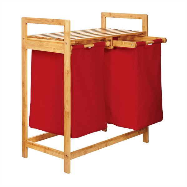 LUMALAND Bambus Wäschekorb mit 2 ausziehbaren Wäschesacken - 73 x 64 x 33 cm - Rot