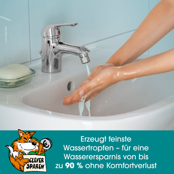 EASYmaxx Strahlregler für Wasserarmaturen 3,5cm aus Edelstahl mit zwei Modi zur Wasserersparnis bis zu 90 % in Küche oder Bad.