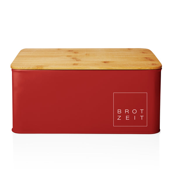 Lumaland Cuisine Brotkasten aus Metall mit Bambus Deckel - Rechteckig 30,5 x 23,5 x 14 cm - Rot