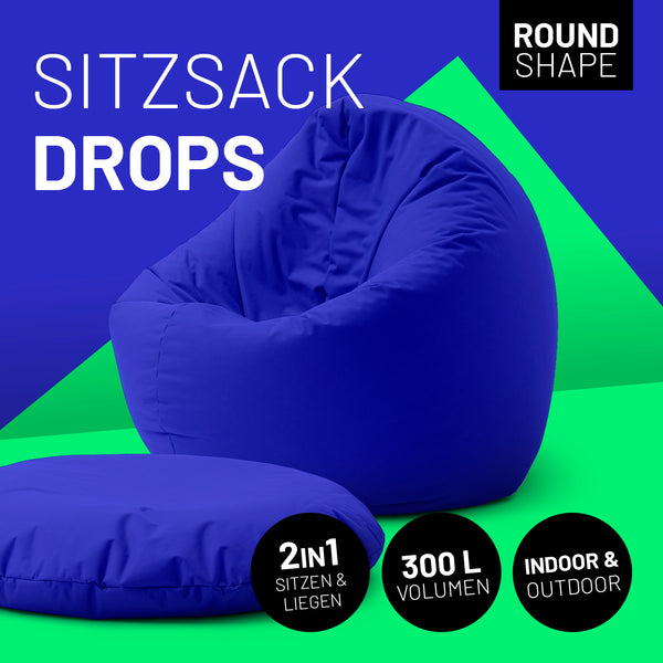 LUMALAND Sitzsack Drops (300 L) in Royalblau, langlebig, multifunktional für In- & Outdoor, mit hochwertiger EPS-Füllung und verdecktem Reißverschluss.