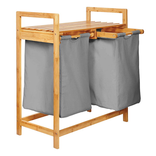 LUMALAND Bambus Wäschekorb mit 2 ausziehbaren Wäschesacken - 73 x 64 x 33 cm - Dunkelgrau