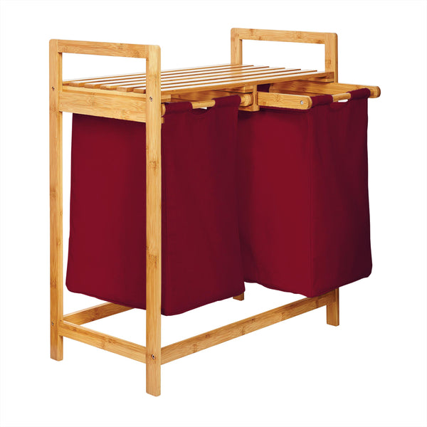 LUMALAND Bambus Wäschekorb mit 2 ausziehbaren Wäschesäcken in Dunkelrot, 73 x 64 x 33 cm, stabil und pflegeleicht.