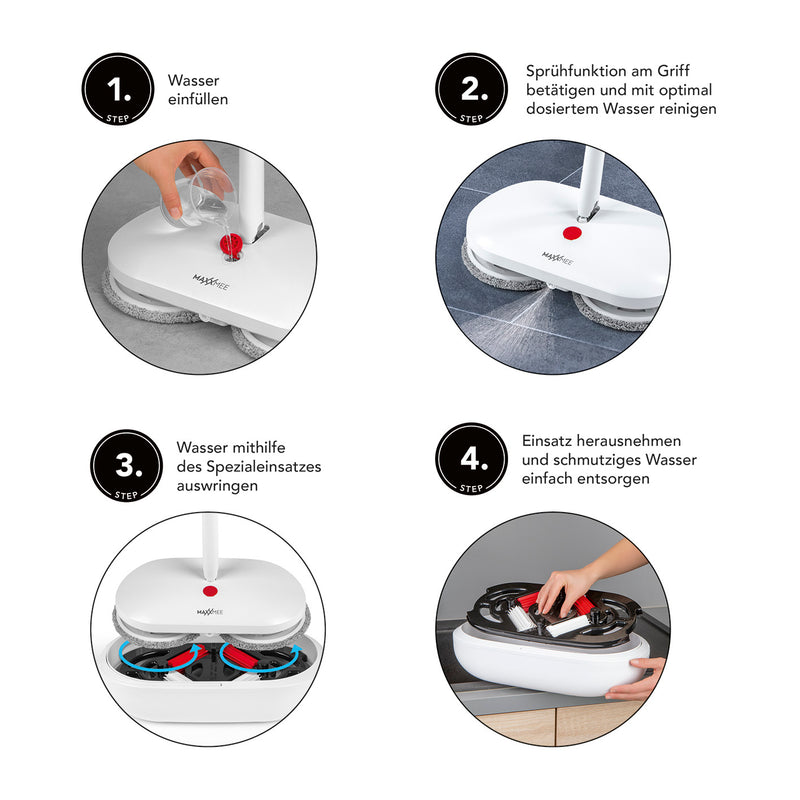 MAXXMEE Akku-Rotationsmopp - Rotierende Mikrofaserpads - weiß