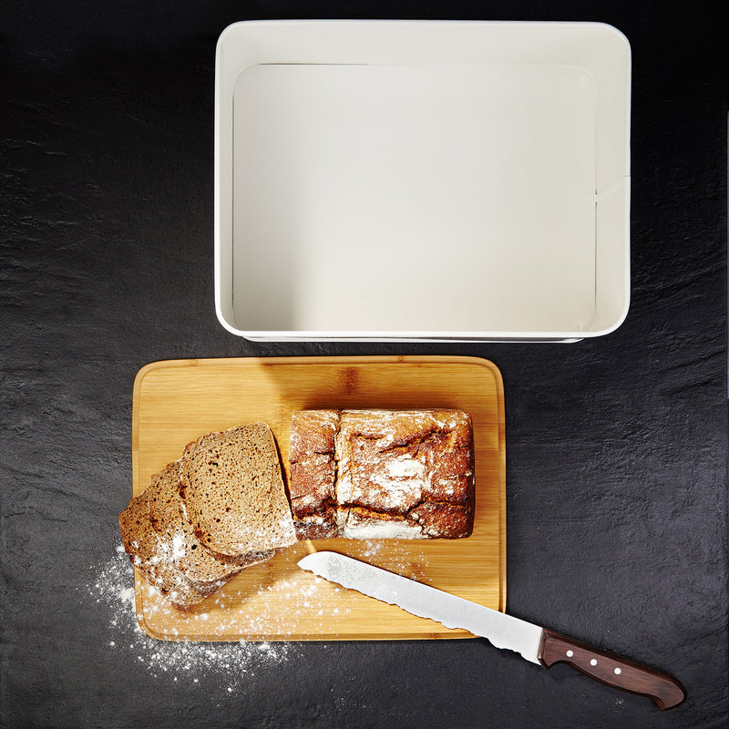 Lumaland Cuisine Brotkasten aus Metall mit Bambus Deckel - Rechteckig 30,5 x 23,5 x 14 cm - Weiß