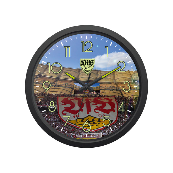 VfB Stuttgart Wanduhr "Glow in the dark" mit Stadion-Motiv und leuchtendem VfB-Logo, Ø 34 cm, batteriebetrieben.