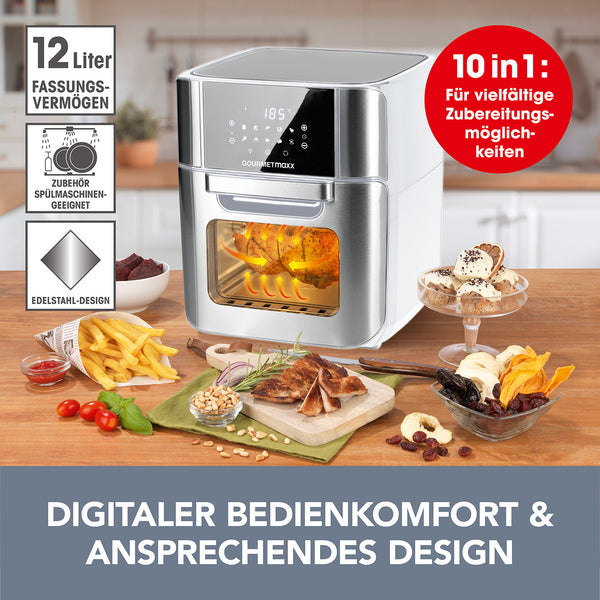GOURMETmaxx Heißluft-Fritteuse Digital 12 l Edelstahl/weiß mit 10-in-1 Funktionen, digitalem Timer und temperaturregler für vielseitiges Garen.