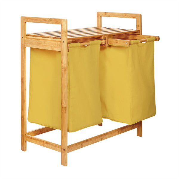 LUMALAND Bambus Wäschekorb mit 2 ausziehbaren gelben Wäschesäcken, 73 x 64 x 33 cm, stilvoll und pflegeleicht.