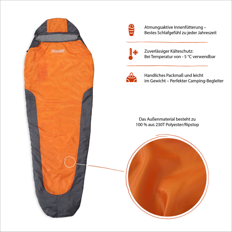 Where Tomorrow Camping Schlafsack Small & Light - Mumienschlafsack mit Tasche - 220 x 80 x 50 cm - Orange-Grau