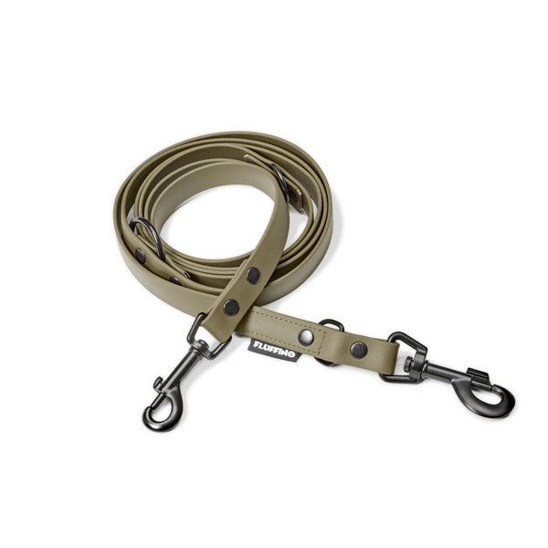 FLUFFINO® BioThane Hundeleine - 3-Fach verstellbar, 220 cm, Oliv, reißfest, wasserabweisend, veganer Lederersatz, made in Germany.
