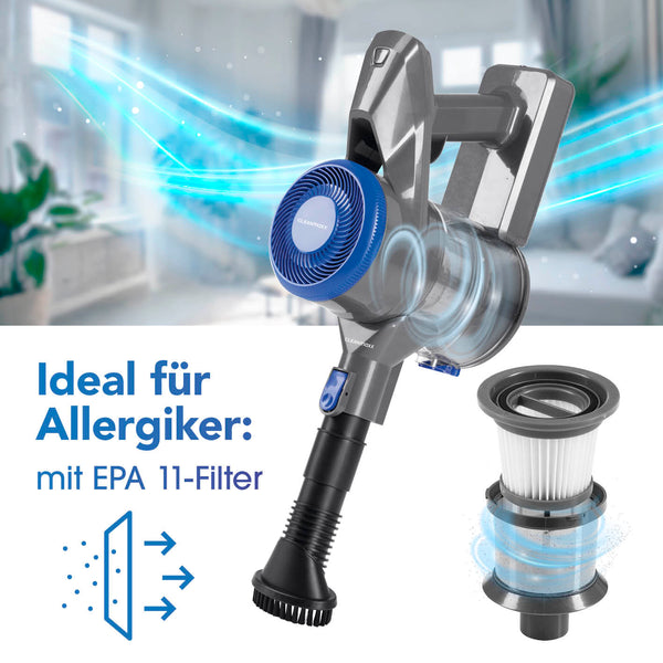CLEANmaxx Akku-Hand- & Bodenstaubsauger anthrazit/blau mit EPA 11-Filter, kabellos, 2 Saugstufen, für gründliche Reinigung und Allergiker geeignet.
