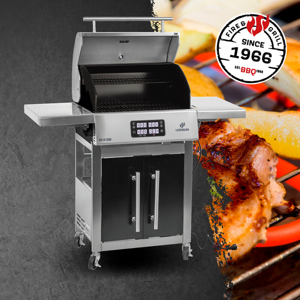 LANDMANN VOLTRIS Elektro-Grillwagen Edelstahl mit 2 Grillzonen, Gusseisenrosten und digitaler Temperaturanzeige bis 300 °C.