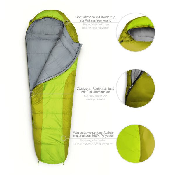 Where Tomorrow Camping Schlafsack Classic - Mumienschlafsack mit Tasche - 230 x 80 x 55 cm - Oliv-Hellgrün