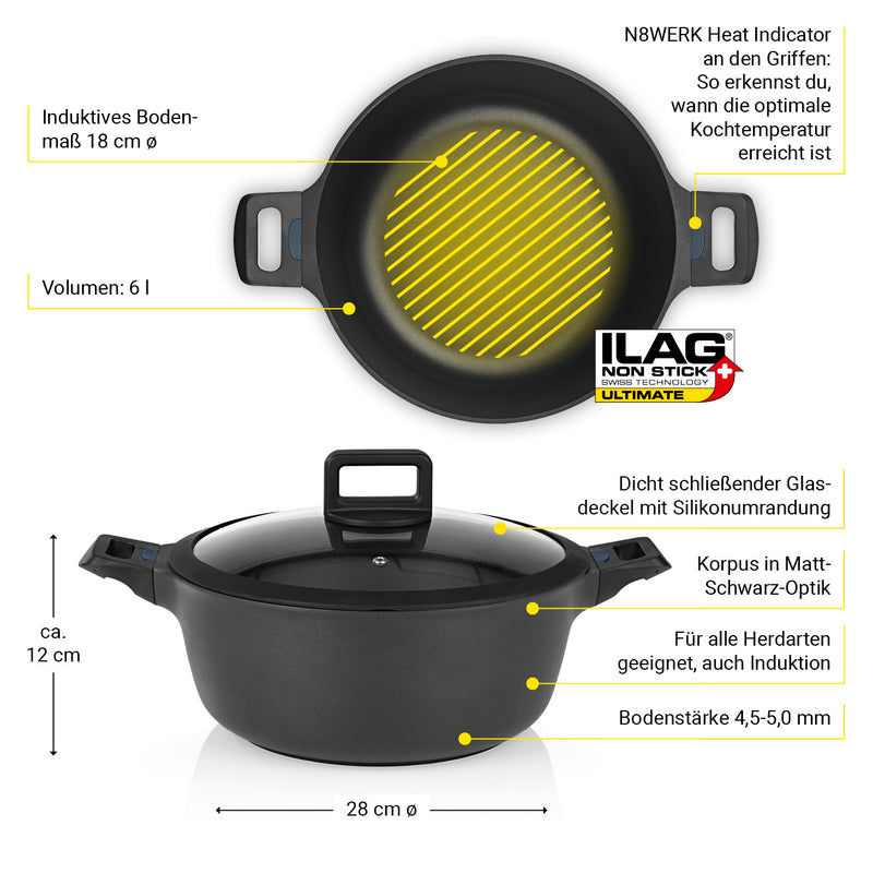 N8WERK Aluguss-Kochtopf mit Hitze Indikator ⌀28 cm 6 L Farbwechsel-Temperaturanzeige Deckel mit Silikon-Umrandung 3-fach Ilag Ultimate Alle Herdarten