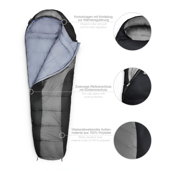 Where Tomorrow Camping Schlafsack Classic - Mumienschlafsack mit Tasche - 230 x 80 x 55 cm - Grau-Schwarz