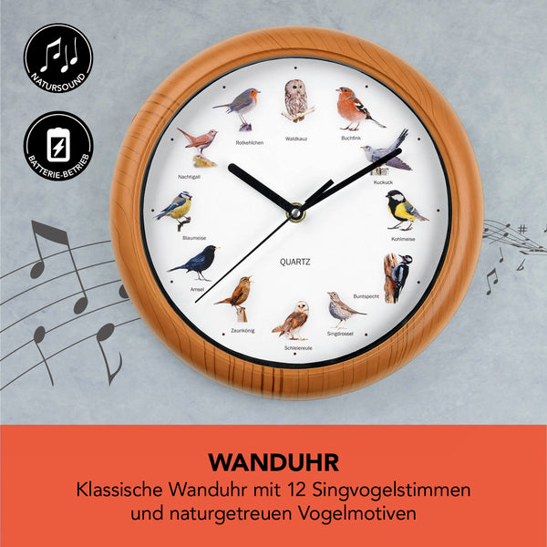 MAXXMEE Wanduhr mit Vogelstimmen - 25cm, klassische Wanduhr mit 12 Singvogelstimmen und naturgetreuen Vogelmotiven.