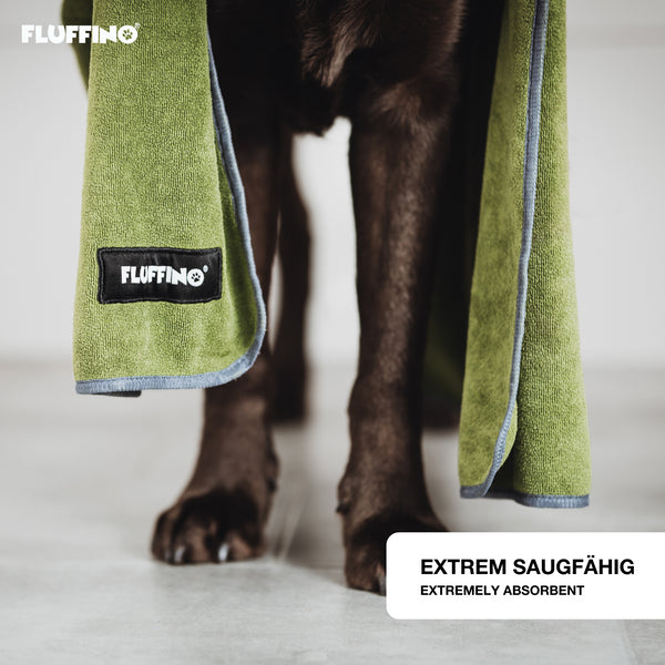 FLUFFINO® Hundehandtuch Mikrofaser – 2er-Pack in Grau & Grün, extra saugfähig, schnell trocknend für kleine und mittelgroße Hunde.