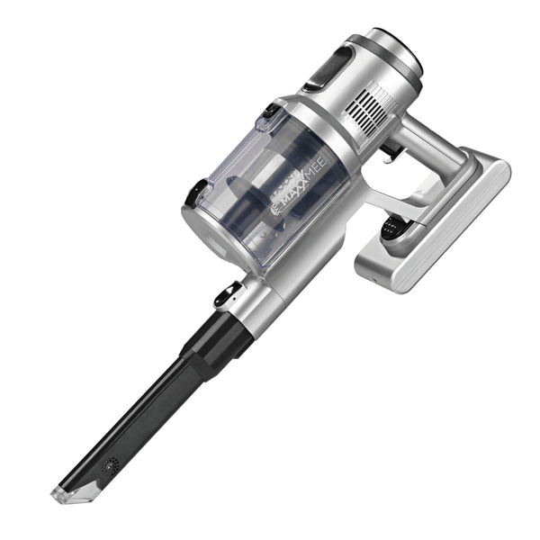 MAXXMEE Akku-Zyklon-Staubsauger PLUS mit Mikrofaserbürste, kabellos, beutellos, silber/schwarz, langanhaltende Akkulaufzeit, 3 Saugstufen