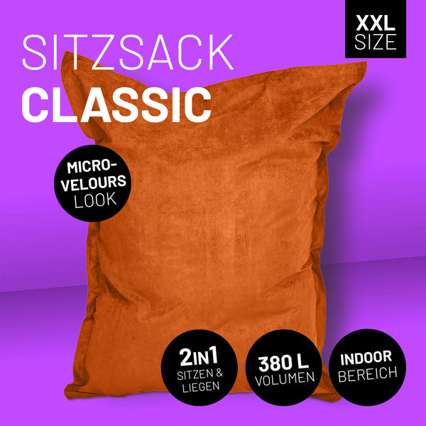 LUMALAND XXL Microvelours Sitzsack 380L, 140x180 cm, orange, wasserfest, bequeme XXL Sitzgelegenheit für Indoor und Entspannung.