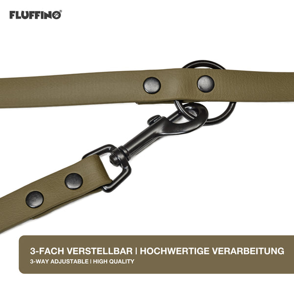 FLUFFINO® BioThane Hundeleine - 3-Fach verstellbar, wasserfest, veganer Lederersatz, 220 cm, Oliv, hochwertig verarbeitet.
