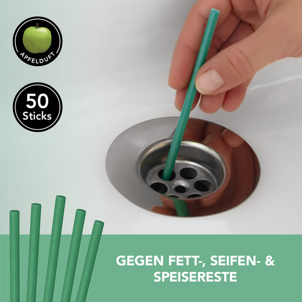 MAXXMEE Abflussreiniger-Stick Apfel - 50er-Set zur effektiven Reinigung und Duftpflege von Abflüssen in Waschbecken und Spüle.