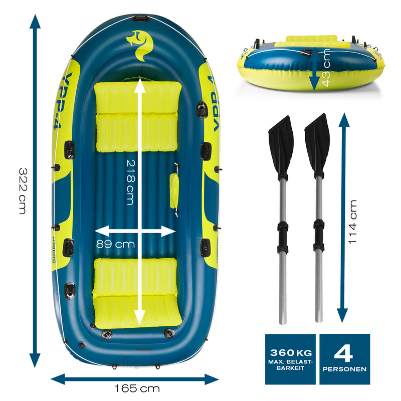 Hoberg Schlauchboot "YPP-4" 4-Sitzer mit 2 Sitzbänken 2 Paddeln Pumpe Reparaturset 2 Angelhalterungen Dry Bag & weiterem Zubehör Material PVC