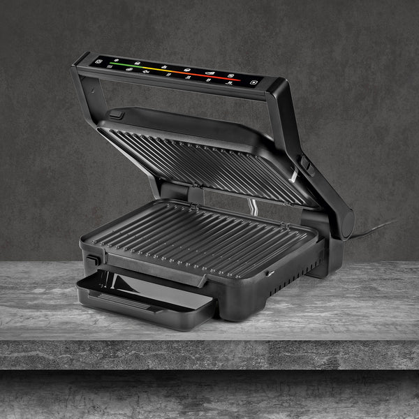 N8WERK Digital-Kontakt-Grill Midnight Edition mit 2000W, Touch-Display, 6 Grillprogrammen und abnehmbaren, antihaftbeschichteten Grillplatten.