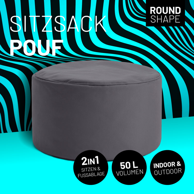 LUMALAND Indoor Outdoor Sitzhocker 25 x 45 cm - Wasserabweisend - Runder Sitzpouf, Sitzsack Hocker, Sitzkissen, Bean Bag Pouf - Anthrazit