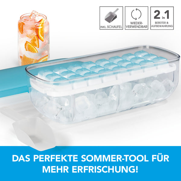 GOURMETmaxx Eiswürfelbehälter - türkis mit 2in1 Eiswürfelbereiter und Aufbewahrungsbox, inklusive Schaufel, wiederverwendbar und stapelbar.