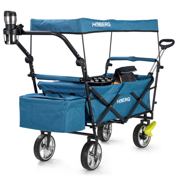 HOBERG faltbarer Bollerwagen mit Dach, praktischer Transportwagen mit Griff, Dach, Getränkehalter und Kühltasche, blau, für Freizeit und Hobby.