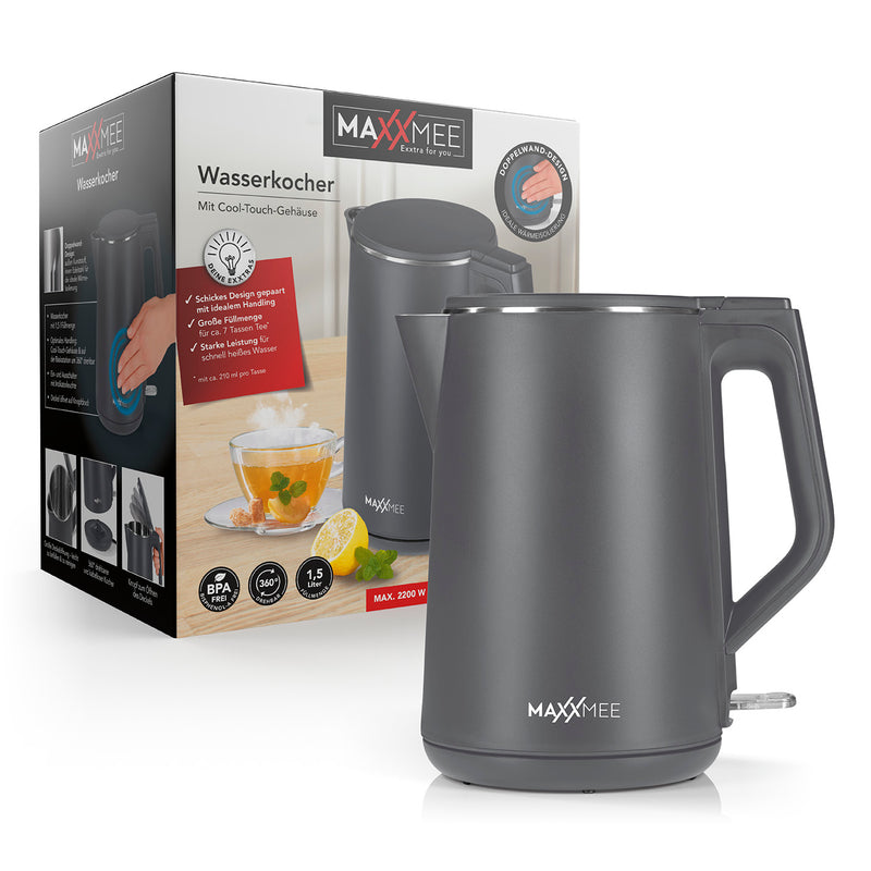 MAXXMEE Wasserkocher "Cool touch" - 1,5 l Füllmenge - cool grey