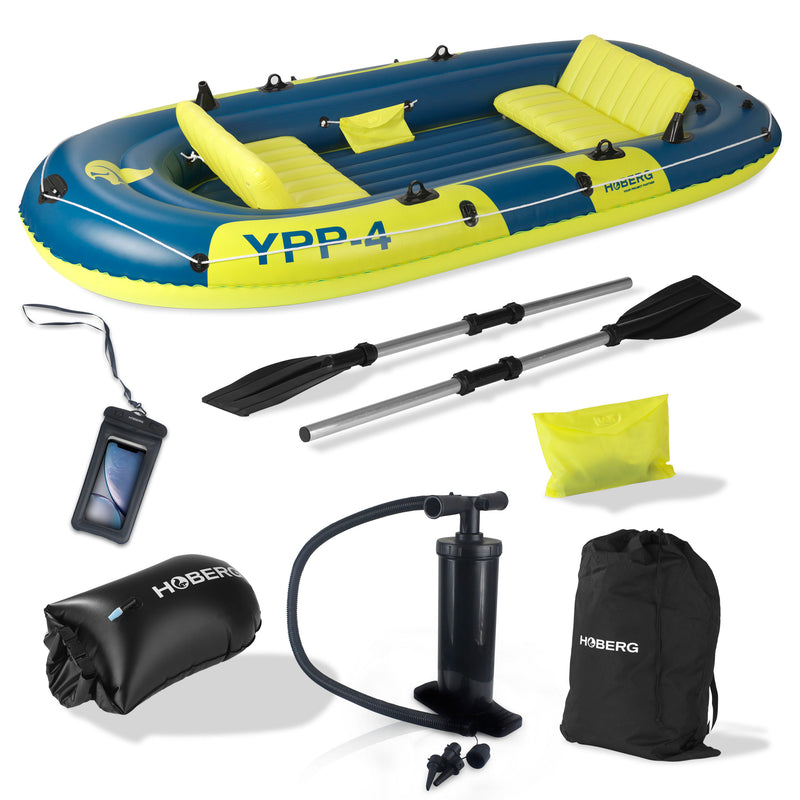 Hoberg Schlauchboot "YPP-4" 4-Sitzer mit 2 Sitzbänken 2 Paddeln Pumpe Reparaturset 2 Angelhalterungen Dry Bag & weiterem Zubehör Material PVC