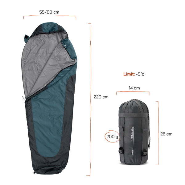 Where Tomorrow Camping Schlafsack Small & Light - Mumienschlafsack mit Tasche - 220 x 80 x 50 cm - Goblinblau-Grau