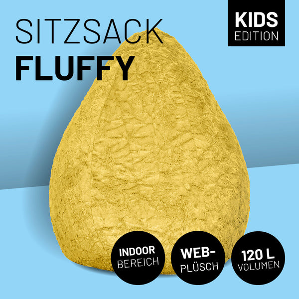 LUMALAND Luxury Fluffy Sitzsack stylischer Webplüsch Beanbag Gelb mit 120L Füllung, weich, formanpassend, robust für drinnen.