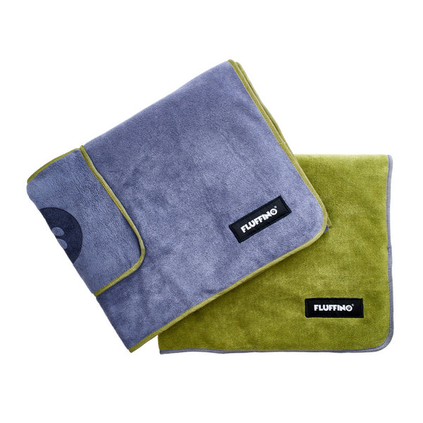 FLUFFINO® Hundehandtuch Mikrofaser – 2er-Pack in Grau & Grün, saugfähig, weich, schnell trocknend, 90 x 50 cm, ideal für kleine und mittelgroße Hunde.