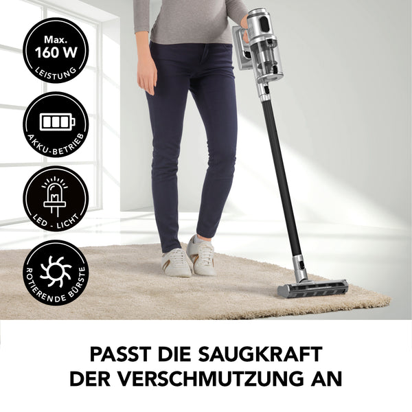 MAXXMEE Akku-Zyklon-Staubsauger PLUS mit Mikrofaserbürste in Silber/Schwarz mit automatischer Saugkraftanpassung und Akku-Betrieb.