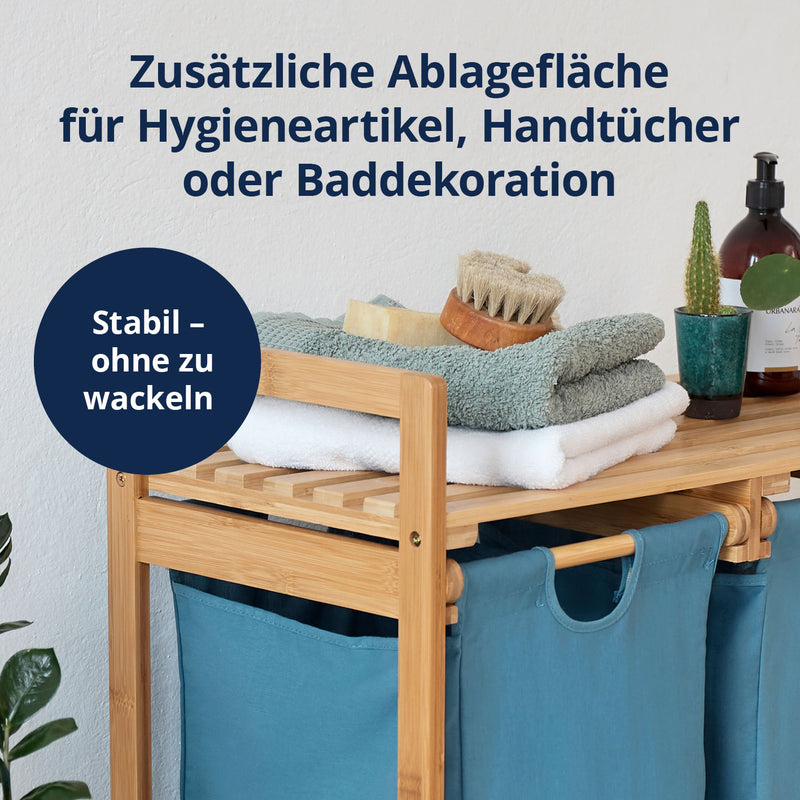 LUMALAND Bambus Wäschekorb mit 2 ausziehbaren Wäschesacken - 73 x 64 x 33 cm - Blau