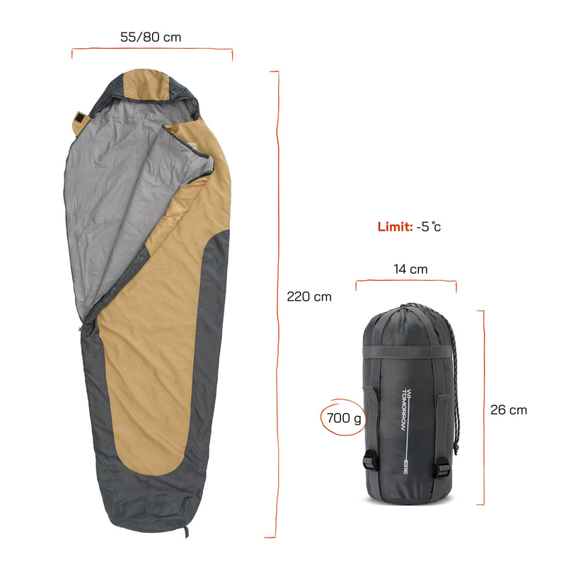 Where Tomorrow Camping Schlafsack Small & Light - Mumienschlafsack mit Tasche - 220 x 80 x 50 cm - Curry-Grau