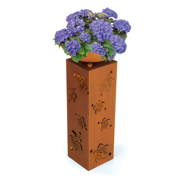 Hoberg LED Pflanzsäule "Blume" in 3D Rost-Optik, 19x19x72 cm, mit LED-Beleuchtung und abnehmbarer Pflanzschale.