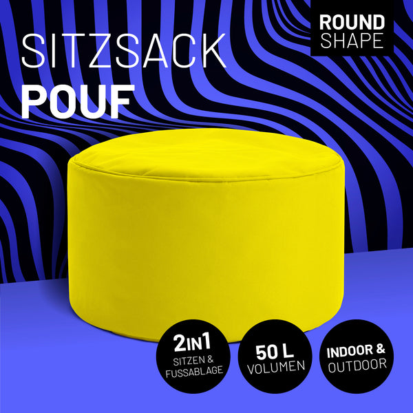 LUMALAND Sitzsack Pouf (50 L) gelb, rund, 2in1 Sitzhocker und Fußschemel, wetterfest für In- & Outdoor Nutzung, leicht und langlebig.