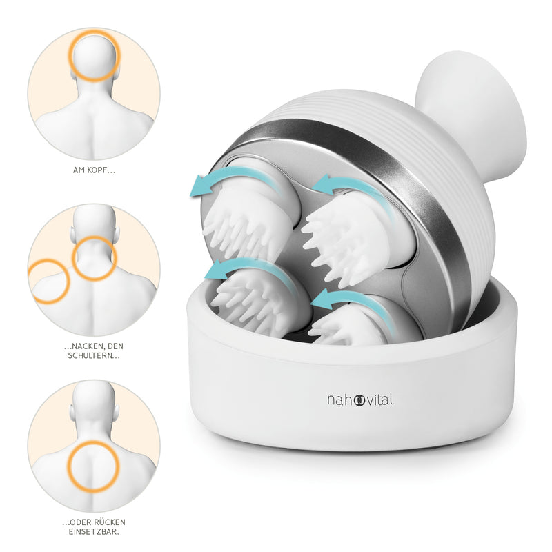 nah-vital elektrisches Kopfmassagegerät mit 360°-Rotationsmassage, 4 Massageköpfen für Kopf, Nacken, Schultern und Rücken.