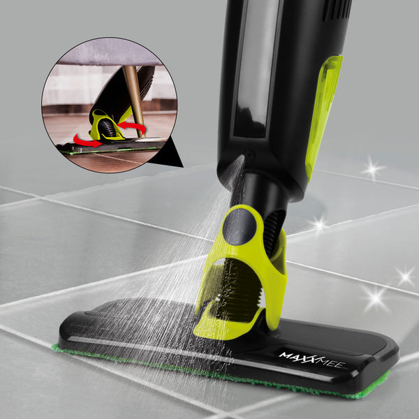 MAXXMEE Wischmopp mit Saugfunktion, kabellos, mit 180 ml Wassertank und Sprühfunktion für einfache Bodenreinigung in grün/schwarz.