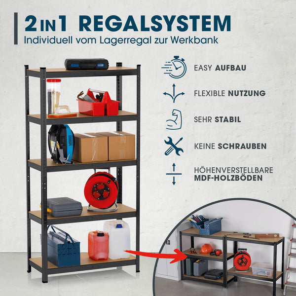 EASYmaxx Schwerlastregal mit 5 belastbaren Holzböden, flexibles 2er-Set als Regal oder Werkbank, stabil und ohne Schrauben montierbar.