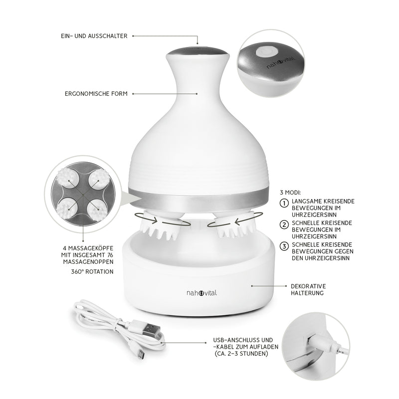 nah-vital elektrisches Kopfmassagegerät mit 4 Massageköpfen, 360° Rotation, 3 Modi und USB-Aufladung für entspannende Kopf- und Schultermassage