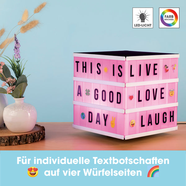 EASYmaxx LED-Leuchtkasten Würfel - 173 Buchstaben & 150 Moodjis