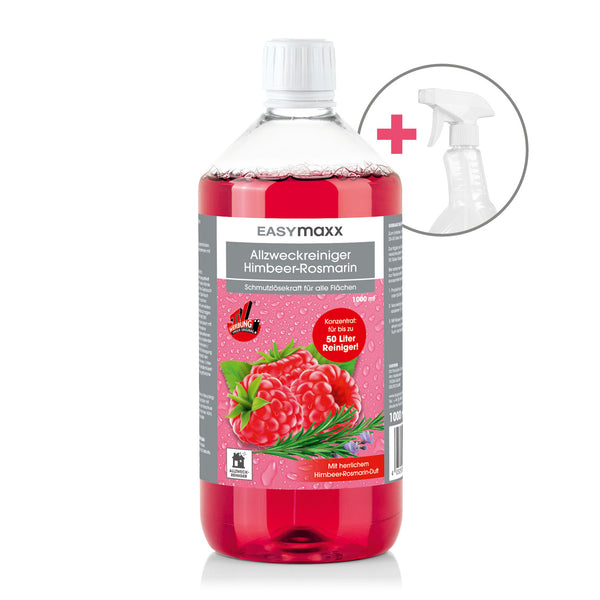 EASYmaxx Reinigungsmittel Himbeer-Rosmarin 1000ml inkl. Sprühflasche, Allzweckreiniger mit frischem Duft und starker Schmutzlösekraft.