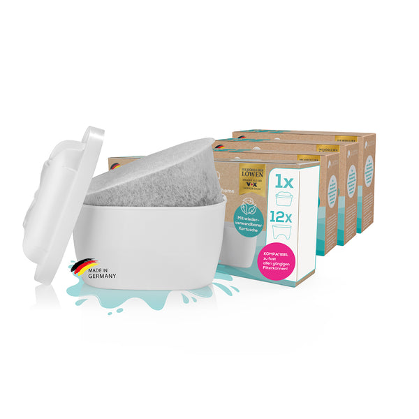 yucona Wasserfilter Starter-Kit - Kartusche mit 12 Filtertaschen zur Kalk- und Schadstoffreduktion, wiederverwendbar und nachhaltig.